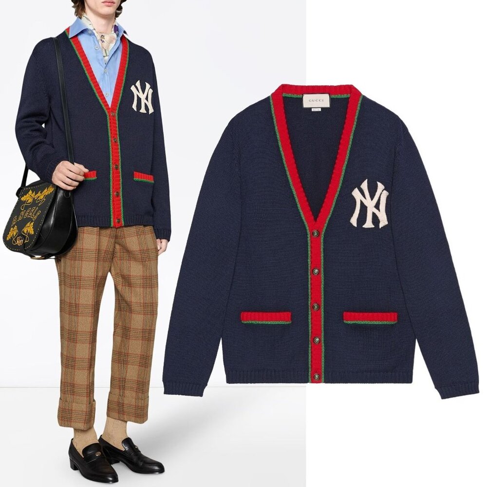 GUCCI MENS SWEATER CARDIGAN w NY YANKEES PATCH NAVY BLUE WOOL WEB M Medium